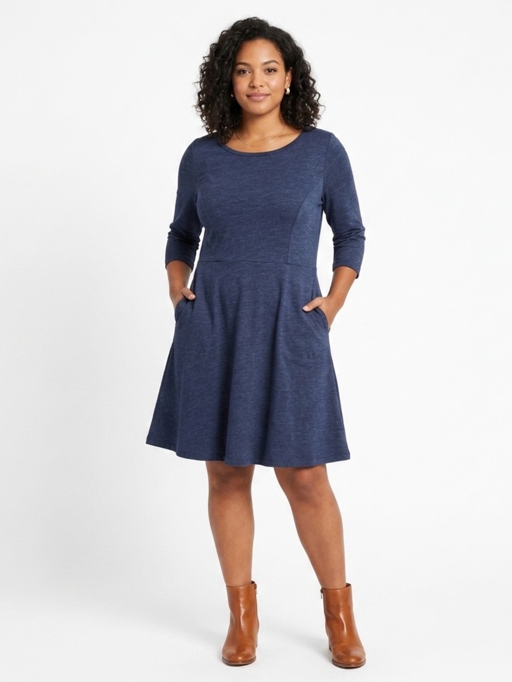 Toad&Co Navy Blue A-Line Dress Three Quarter Sleeve Large